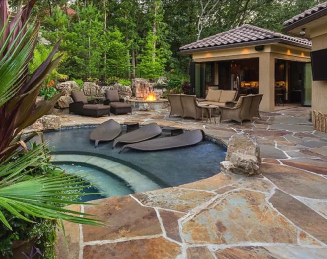 beautiful exterior patios with small pool and fireplace area columbus oh